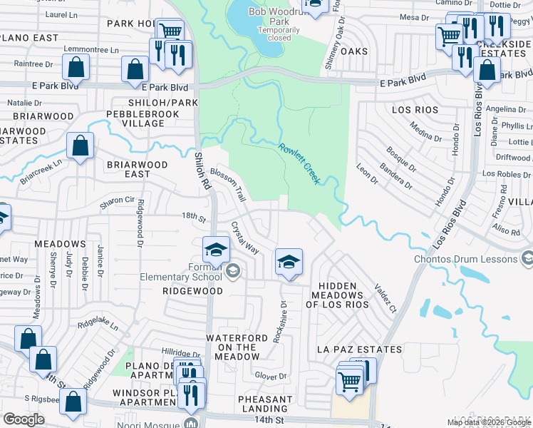 map of restaurants, bars, coffee shops, grocery stores, and more near 1764 Fireside Drive in Plano