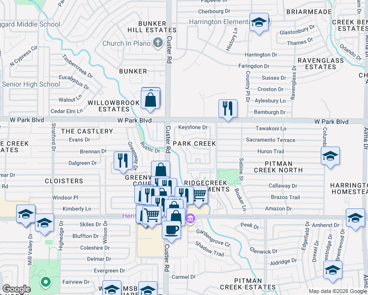 map of restaurants, bars, coffee shops, grocery stores, and more near 1716 Seminary Drive in Plano