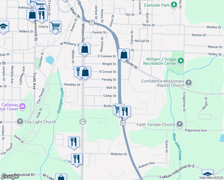 map of restaurants, bars, coffee shops, grocery stores, and more near 219 Cedar Street in LaGrange