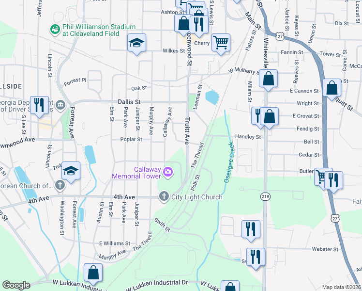 map of restaurants, bars, coffee shops, grocery stores, and more near 916 Todd Street in LaGrange