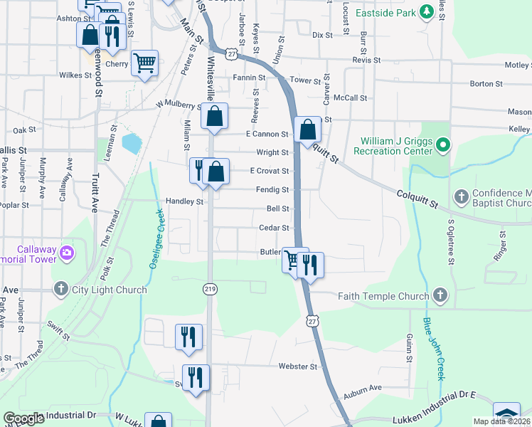 map of restaurants, bars, coffee shops, grocery stores, and more near 210 1/2 Bell Street in LaGrange