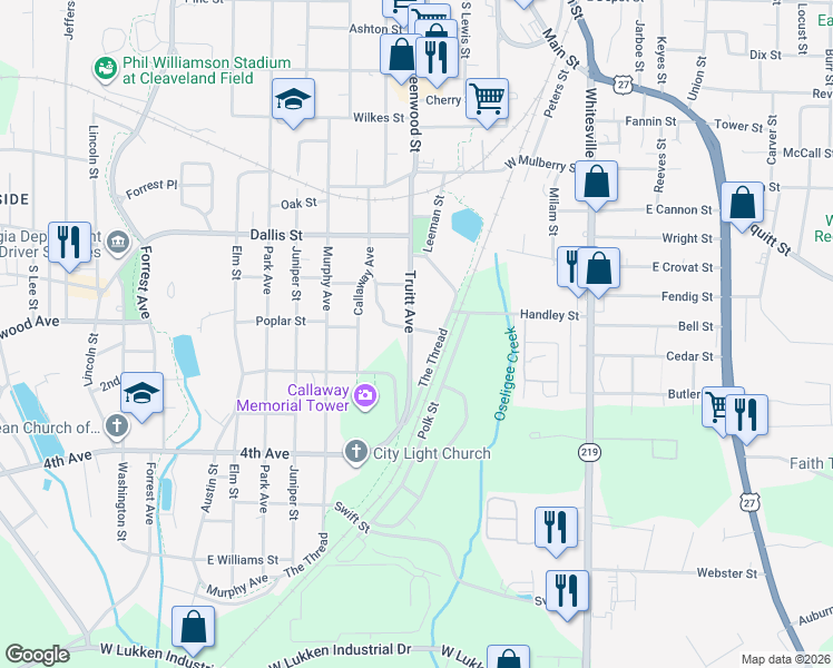 map of restaurants, bars, coffee shops, grocery stores, and more near 1006 Dunson Street in LaGrange