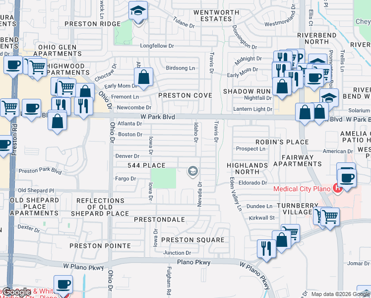 map of restaurants, bars, coffee shops, grocery stores, and more near 4409 Denver Drive in Plano