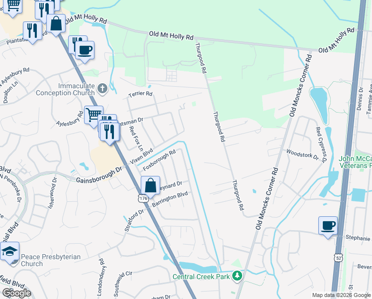 map of restaurants, bars, coffee shops, grocery stores, and more near 215 Foxborough Road in Goose Creek