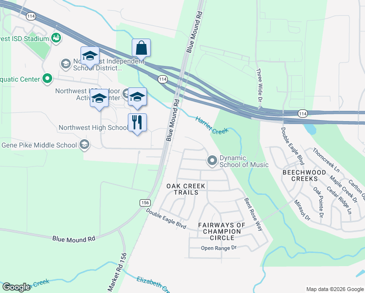 map of restaurants, bars, coffee shops, grocery stores, and more near 15945 White Mill Road in Justin