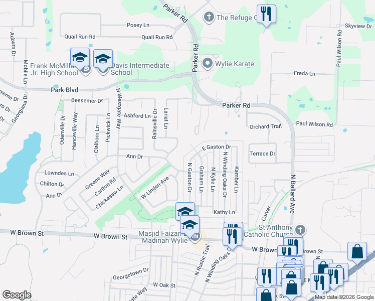 map of restaurants, bars, coffee shops, grocery stores, and more near 511 North Gaston Drive in Wylie