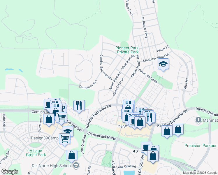 map of restaurants, bars, coffee shops, grocery stores, and more near 16924 Silver Pine Road in San Diego