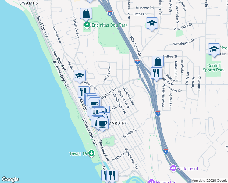 map of restaurants, bars, coffee shops, grocery stores, and more near 407 Birmingham Drive in Encinitas