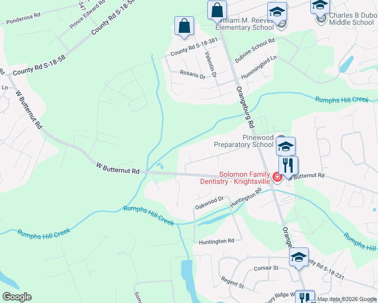 map of restaurants, bars, coffee shops, grocery stores, and more near 180 Columns Road in Summerville