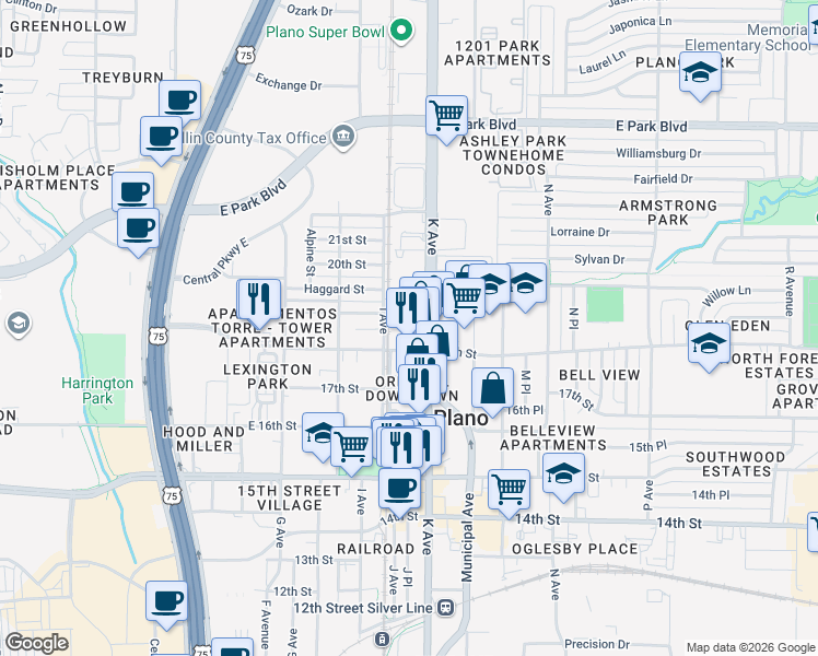 map of restaurants, bars, coffee shops, grocery stores, and more near 1001 18th Street in Plano