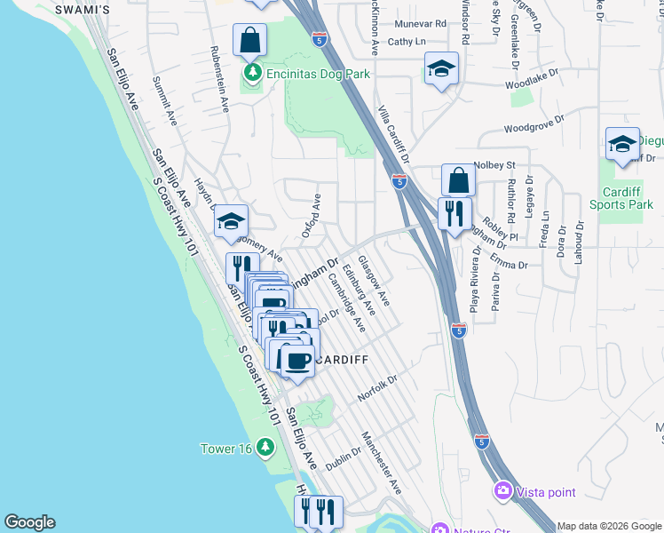 map of restaurants, bars, coffee shops, grocery stores, and more near 407 Birmingham Drive in Encinitas