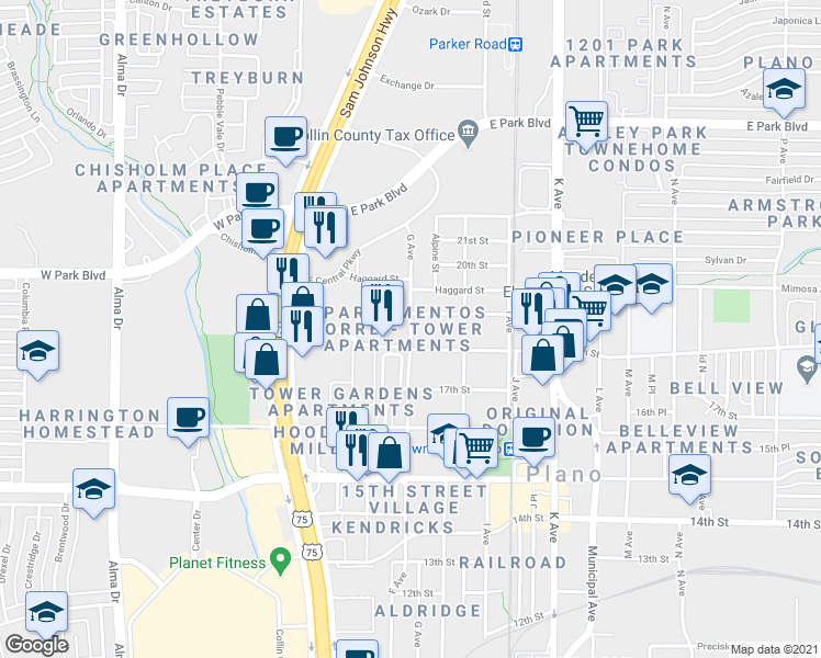 map of restaurants, bars, coffee shops, grocery stores, and more near 1733 G Avenue in Plano