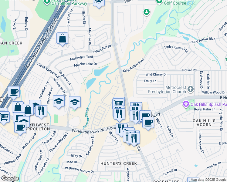 map of restaurants, bars, coffee shops, grocery stores, and more near 4221 Old Denton Road in Carrollton