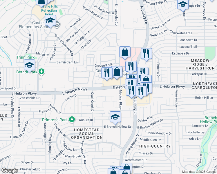 map of restaurants, bars, coffee shops, grocery stores, and more near 1757 East Hebron Parkway in Carrollton