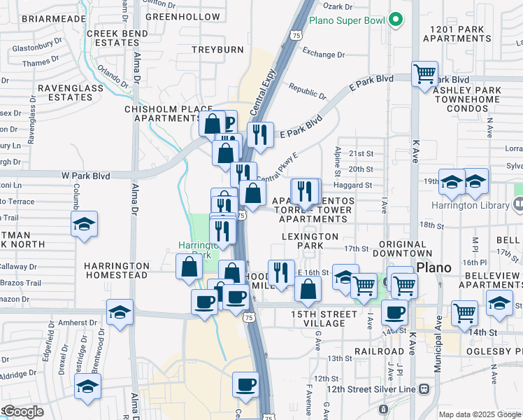 map of restaurants, bars, coffee shops, grocery stores, and more near 558 18th Street in Plano
