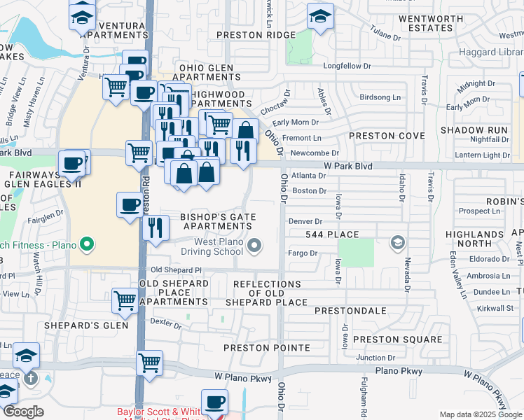 map of restaurants, bars, coffee shops, grocery stores, and more near 1820 Preston Park Boulevard in Plano