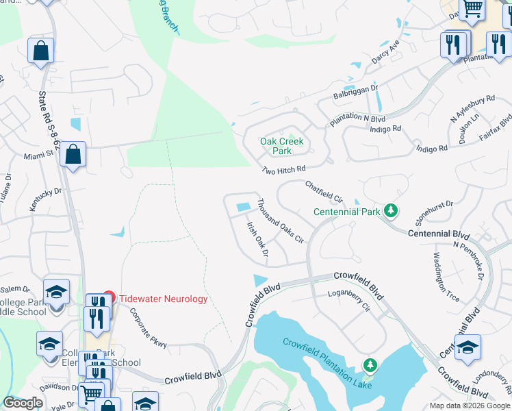 map of restaurants, bars, coffee shops, grocery stores, and more near 119 Thousand Oaks Circle in Goose Creek