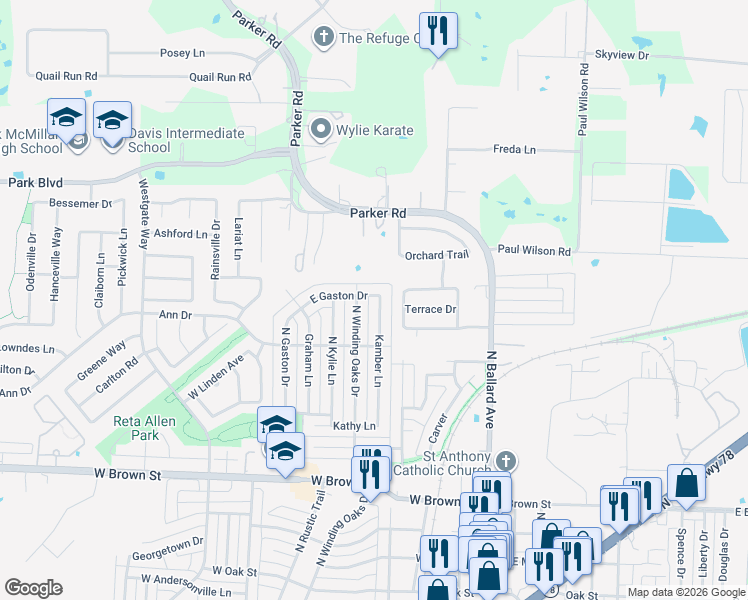 map of restaurants, bars, coffee shops, grocery stores, and more near 508 Kamber Lane in Wylie