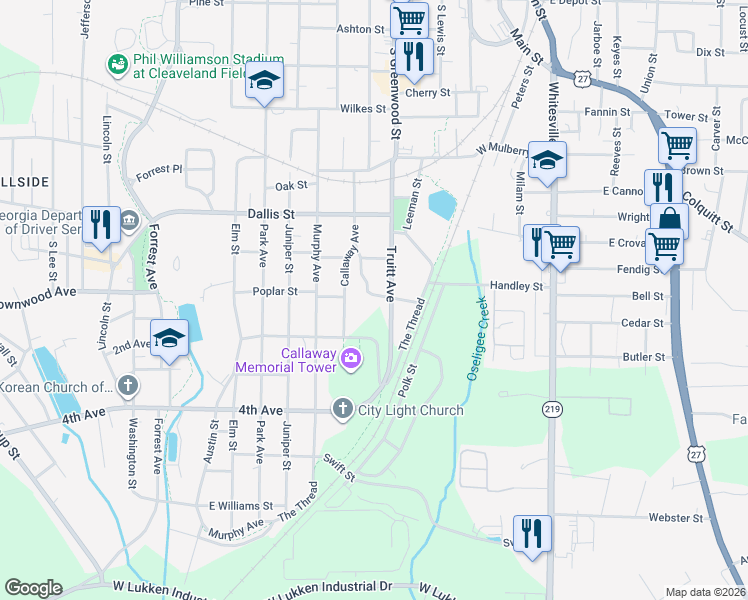 map of restaurants, bars, coffee shops, grocery stores, and more near 916 Todd Street in LaGrange