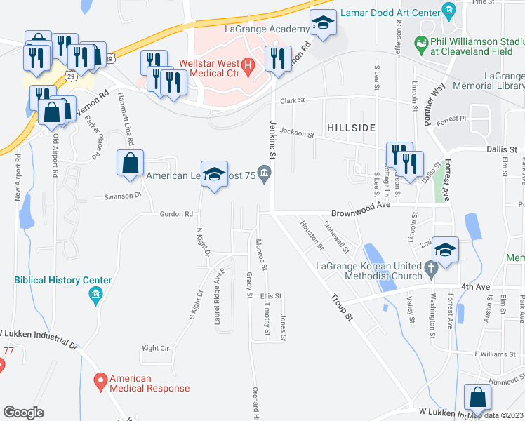 map of restaurants, bars, coffee shops, grocery stores, and more near 803 Monroe Street in LaGrange