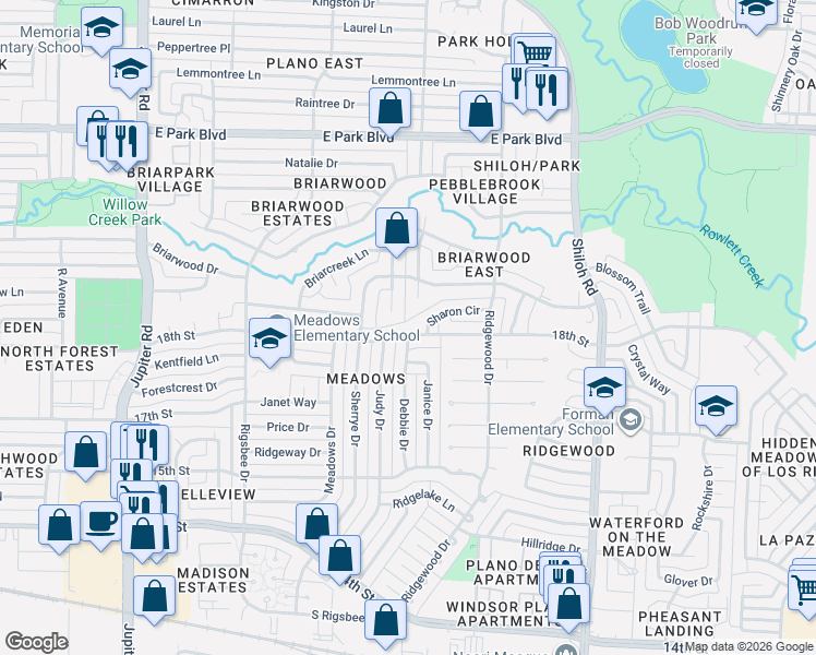 map of restaurants, bars, coffee shops, grocery stores, and more near 1728 Judy Drive in Plano