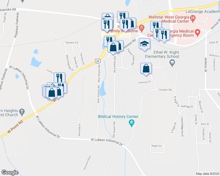 map of restaurants, bars, coffee shops, grocery stores, and more near 110 Old Airport Road in LaGrange