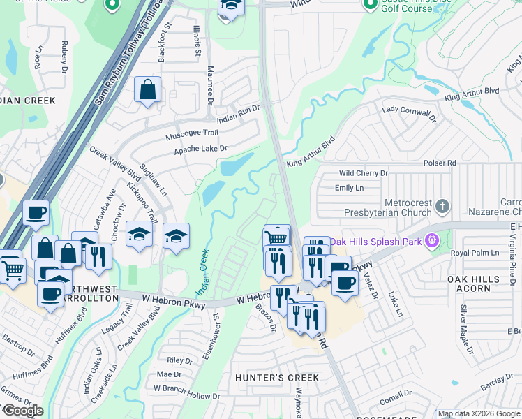 map of restaurants, bars, coffee shops, grocery stores, and more near 4221 Old Denton Road in Carrollton