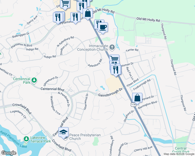 map of restaurants, bars, coffee shops, grocery stores, and more near 104 Gainsborough Drive in Goose Creek