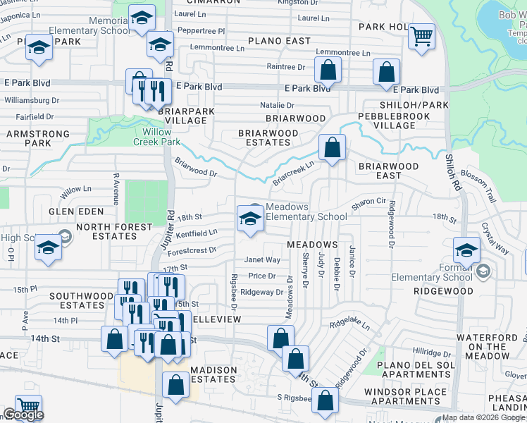 map of restaurants, bars, coffee shops, grocery stores, and more near 2800 18th Street in Plano