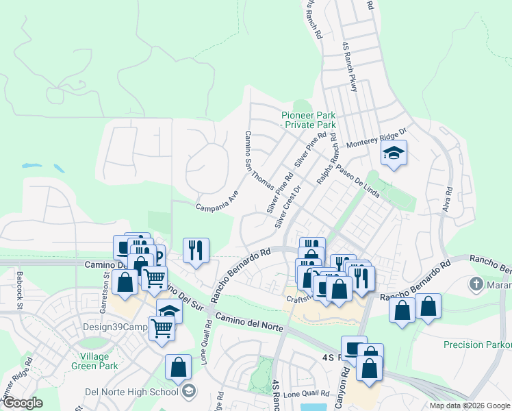 map of restaurants, bars, coffee shops, grocery stores, and more near 16918 Silver Pine Court in San Diego