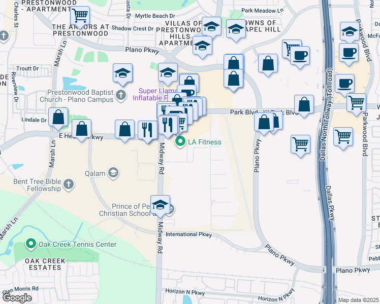 map of restaurants, bars, coffee shops, grocery stores, and more near 4216 Sloane Street in Carrollton