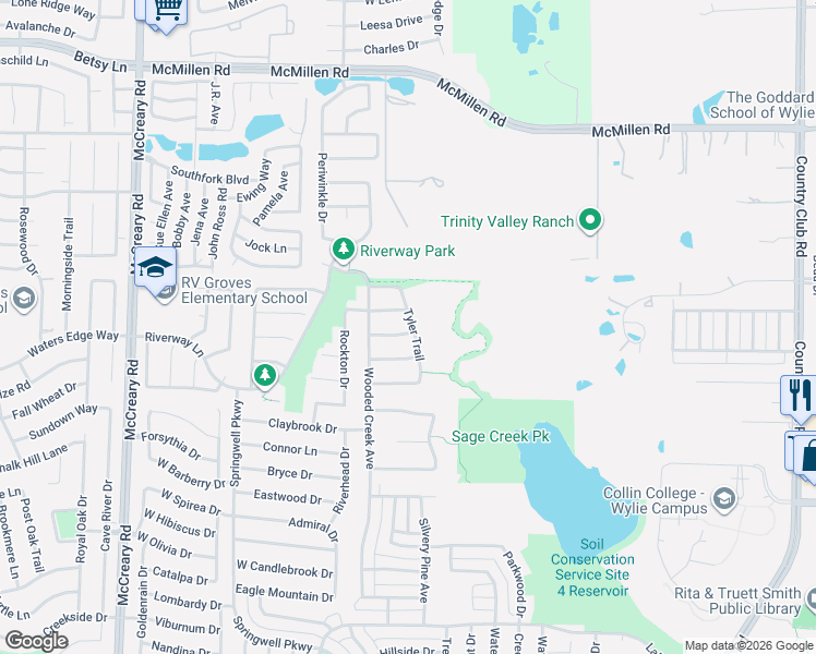 map of restaurants, bars, coffee shops, grocery stores, and more near 908 Tyler Trail in Wylie