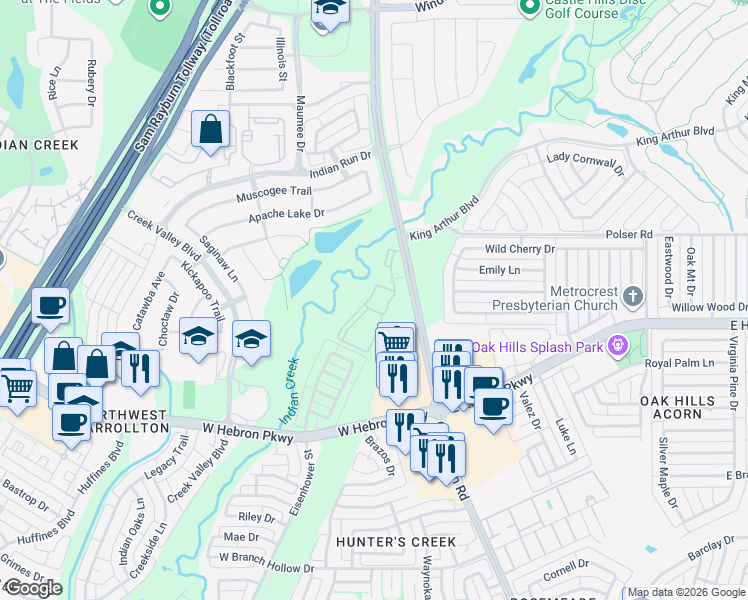 map of restaurants, bars, coffee shops, grocery stores, and more near 4221 Old Denton Road in Carrollton