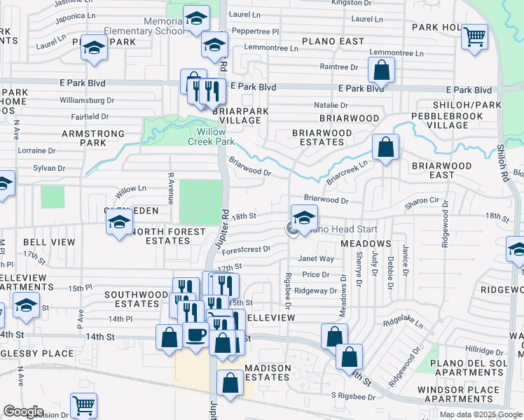 map of restaurants, bars, coffee shops, grocery stores, and more near 1802 Camelot Cove in Plano