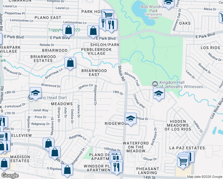 map of restaurants, bars, coffee shops, grocery stores, and more near 8 Eastlane Place in Plano