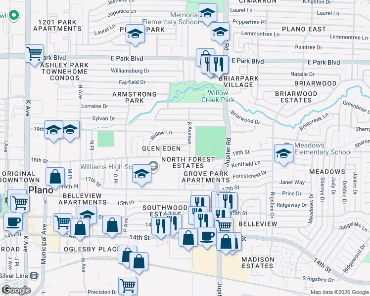 map of restaurants, bars, coffee shops, grocery stores, and more near 1745 R Avenue in Plano