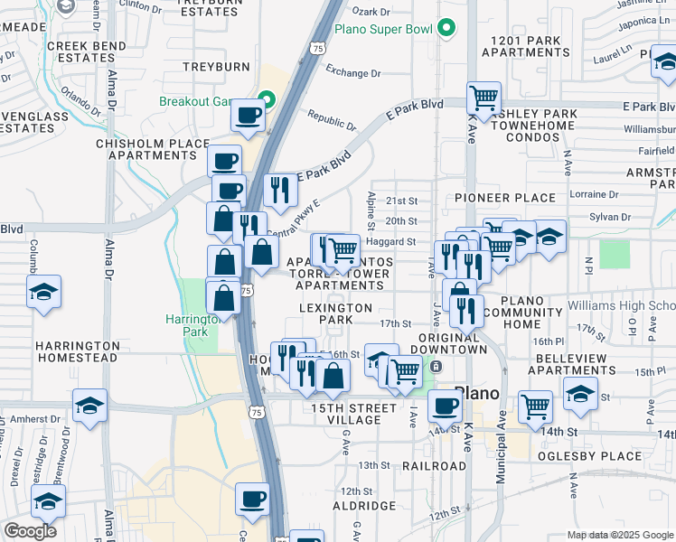 map of restaurants, bars, coffee shops, grocery stores, and more near 1809 G Avenue in Plano