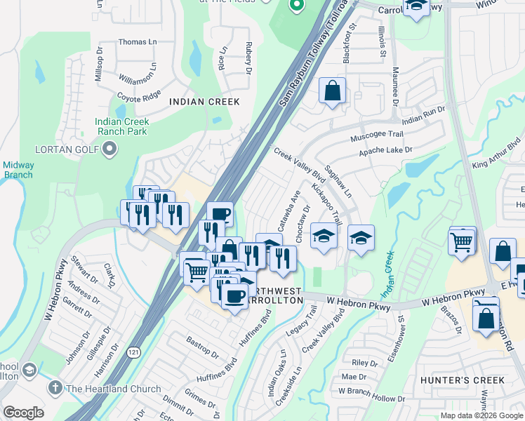 map of restaurants, bars, coffee shops, grocery stores, and more near 4164 Comanche Drive in Carrollton