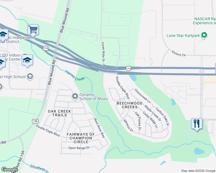 map of restaurants, bars, coffee shops, grocery stores, and more near 15953 BlakeTree Drive in Fort Worth