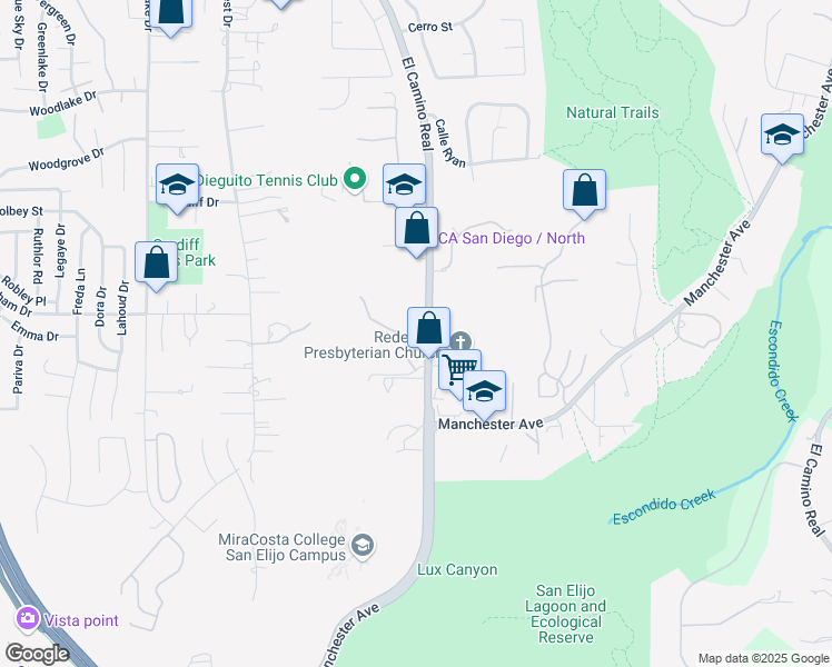 map of restaurants, bars, coffee shops, grocery stores, and more near 1780 South El Camino Real in Encinitas