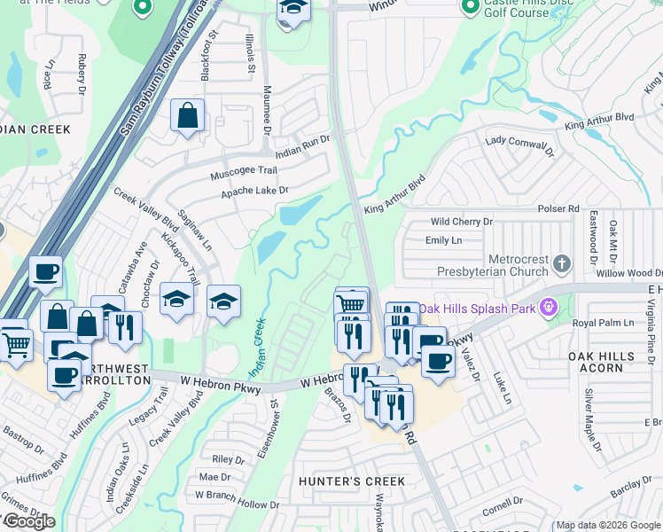 map of restaurants, bars, coffee shops, grocery stores, and more near 4221 Old Denton Road in Carrollton