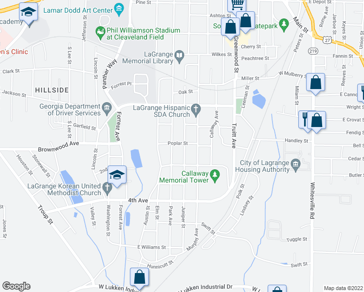 map of restaurants, bars, coffee shops, grocery stores, and more near 1000 Juniper Street in LaGrange