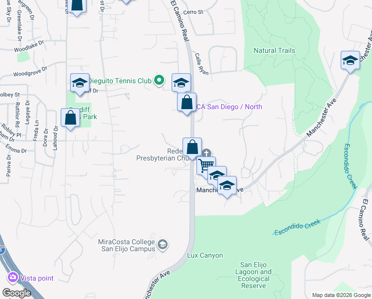 map of restaurants, bars, coffee shops, grocery stores, and more near 1720 South El Camino Real in Encinitas