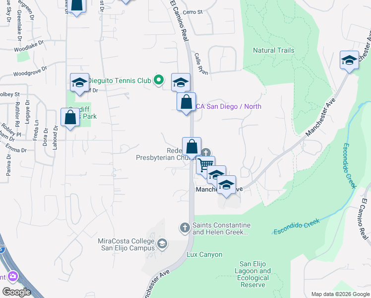 map of restaurants, bars, coffee shops, grocery stores, and more near 1760 South El Camino Real in Encinitas