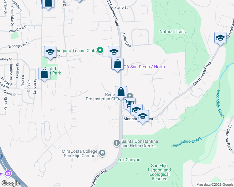 map of restaurants, bars, coffee shops, grocery stores, and more near 1720 South El Camino Real in Encinitas