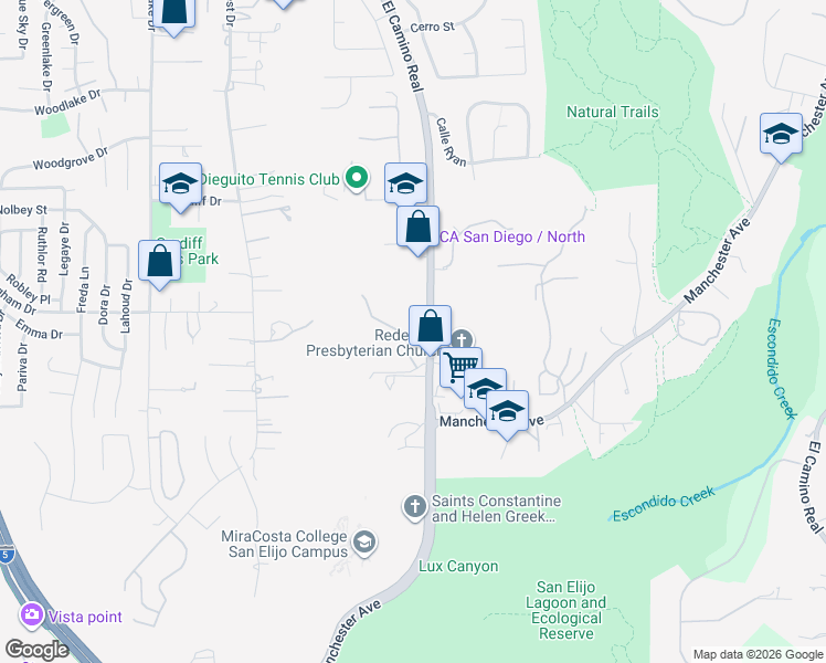 map of restaurants, bars, coffee shops, grocery stores, and more near El Camino Real in Encinitas