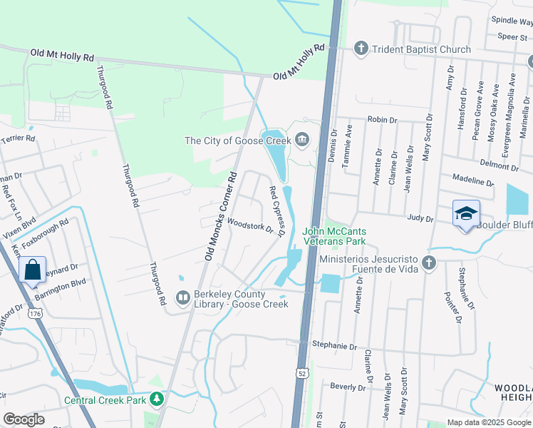 map of restaurants, bars, coffee shops, grocery stores, and more near 104 Moorhen Road in Goose Creek