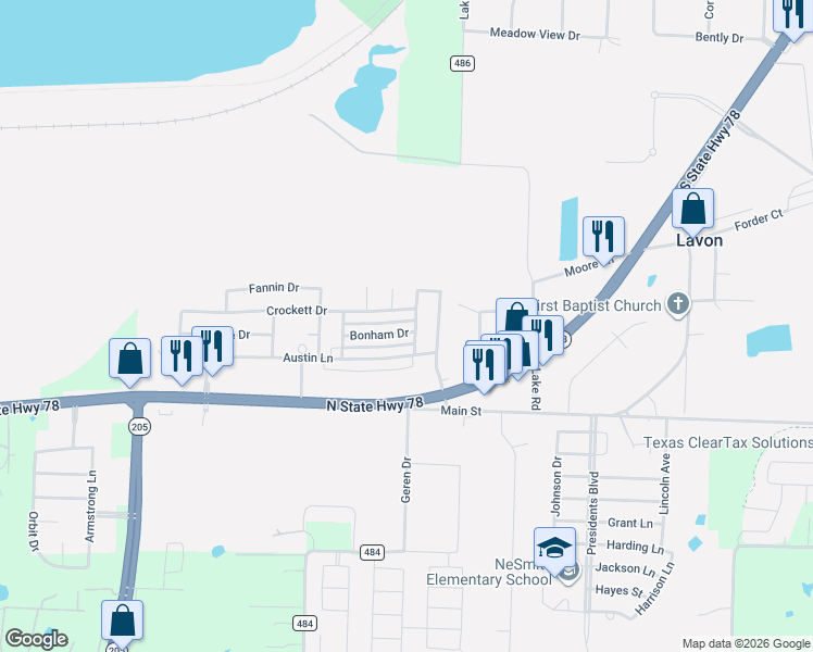 map of restaurants, bars, coffee shops, grocery stores, and more near 601 Crockett Drive in Lavon