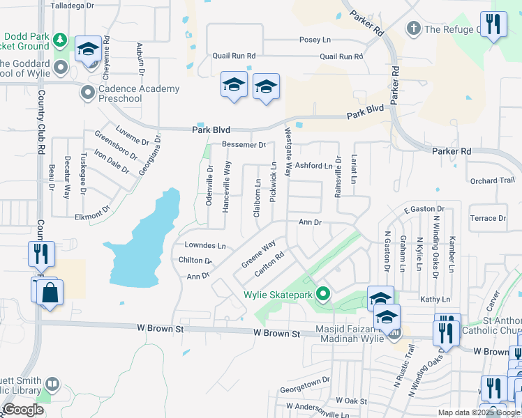 map of restaurants, bars, coffee shops, grocery stores, and more near 608 Claiborn Lane in Wylie
