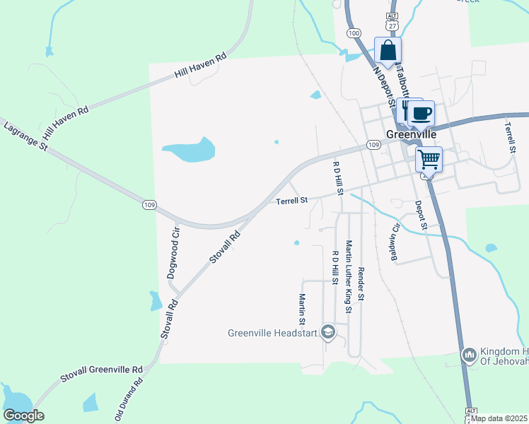 map of restaurants, bars, coffee shops, grocery stores, and more near South Talbotton Street in Greenville